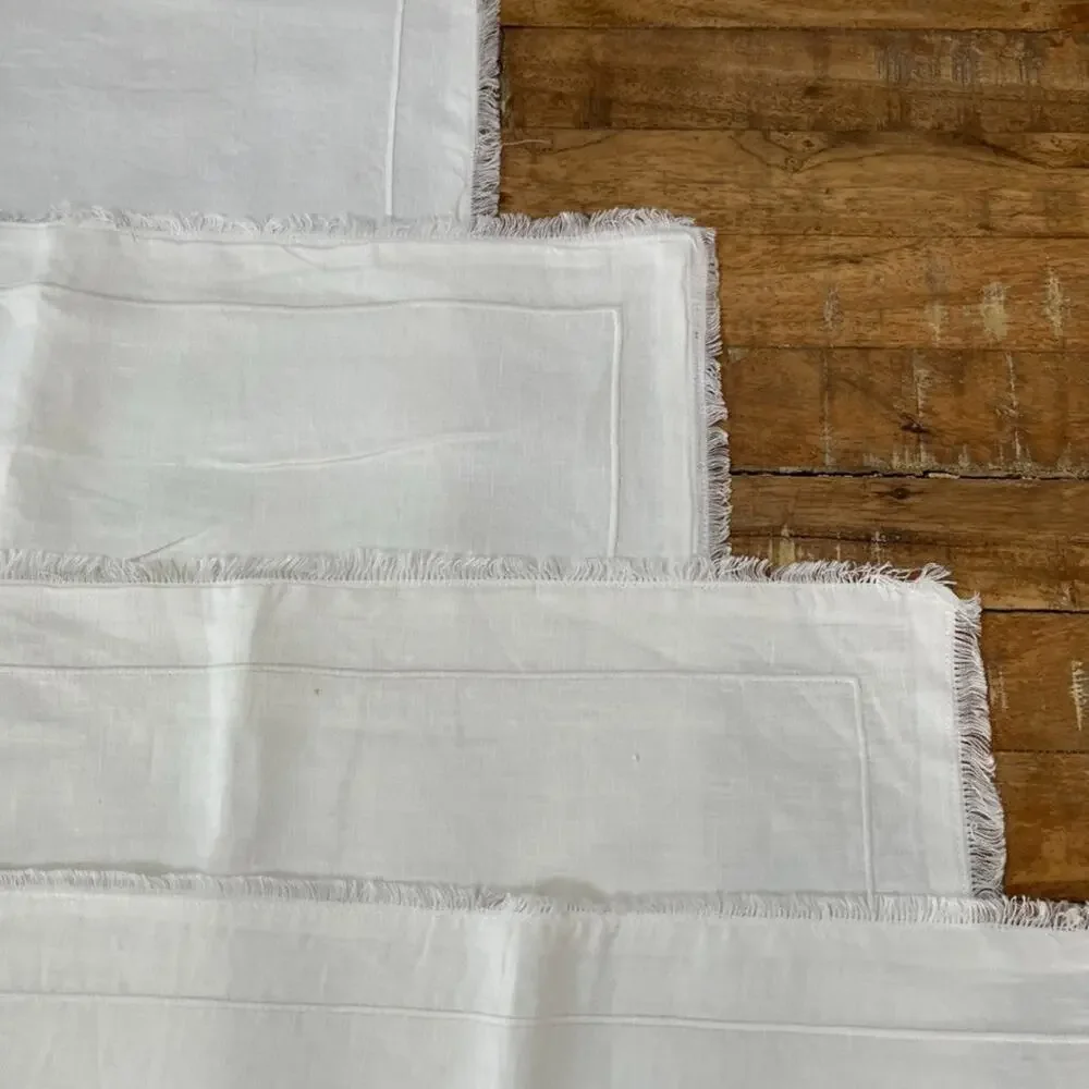 Restoration Hardware White Linen Placemat Set (4) Hemstitch Border Frayed Edges